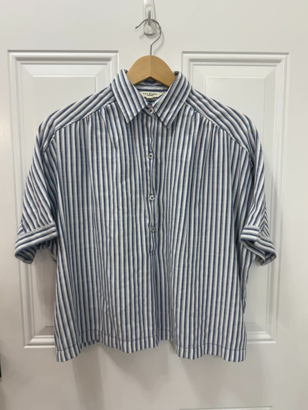 Max Studio Blue White Striped Button Front Shirt XS - Picture 3 of 9
